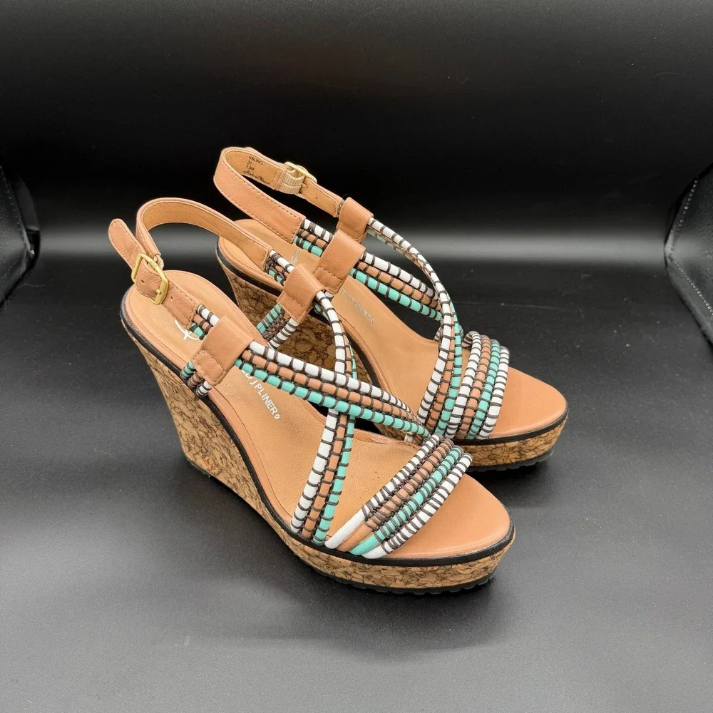 Lisa for Donald J Pliner 7.5 Kalino Wedge Sandals Beaded Cork Platform Turquoise